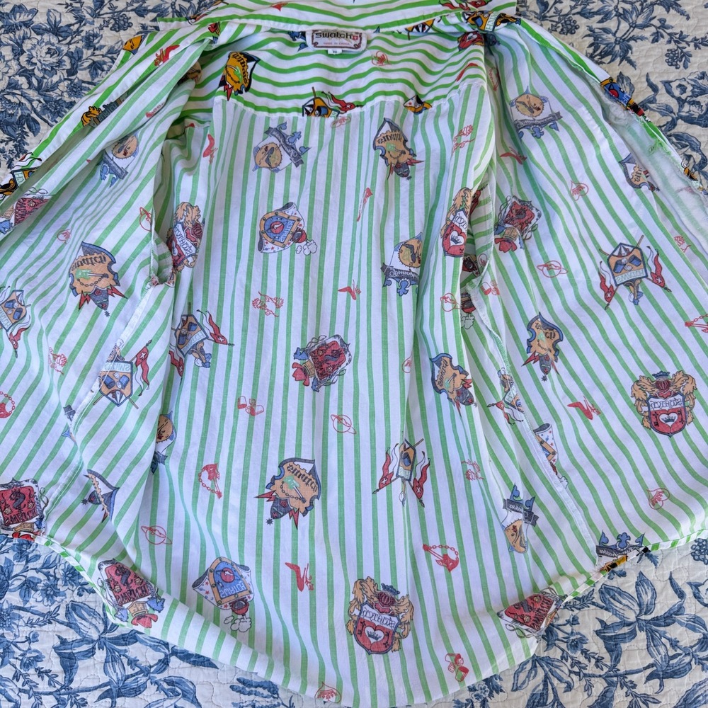 VTG! Swatch Green Striped Button Down Long Sleeve Shirt Big 2XL Quirky Logo - Picture 16 of 16